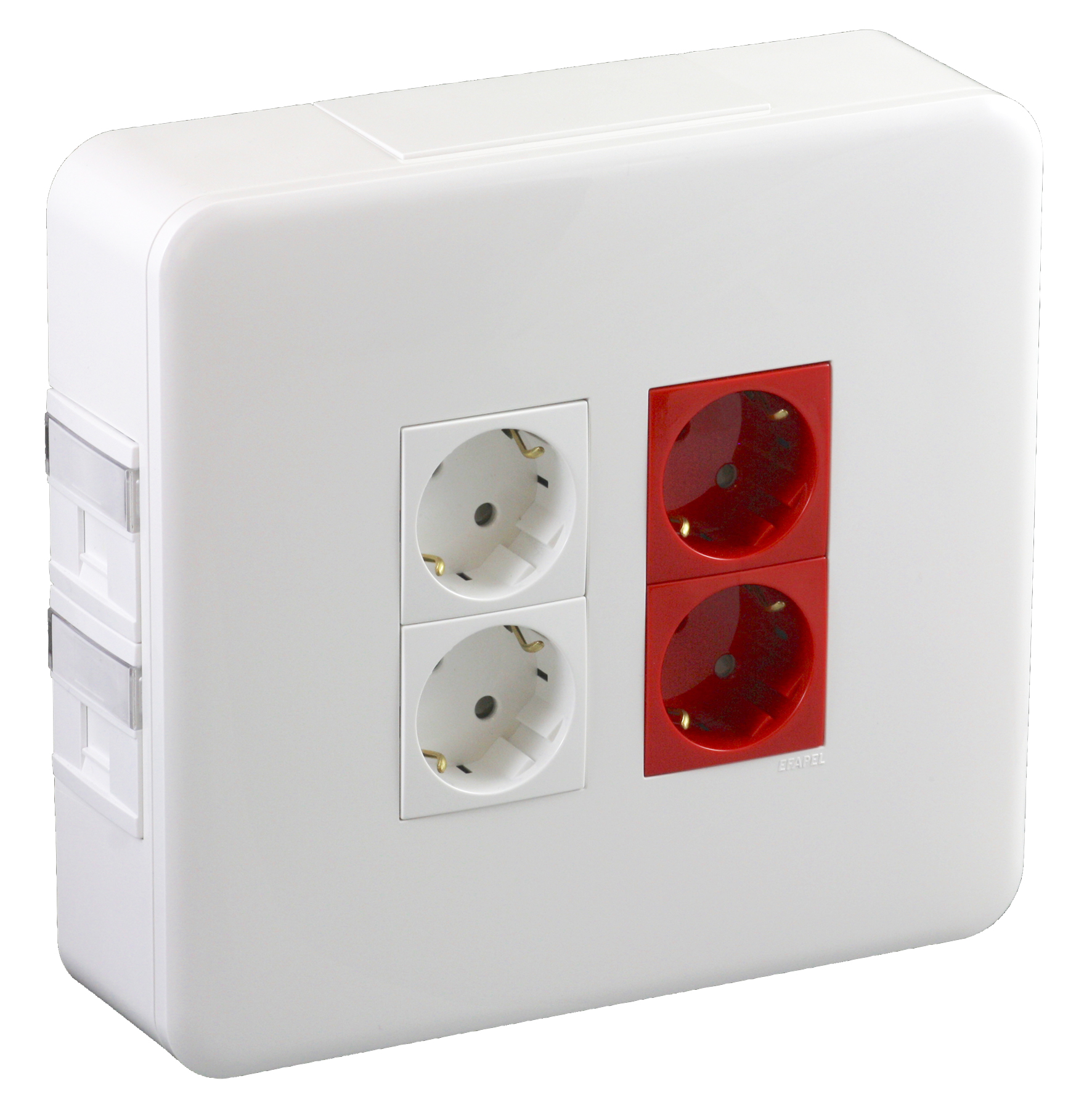 Puesto de Trabajo de Superficie de 2 a 12 módulos de 45x45mm con 2 Schuko Rojo + 2 Schuko Blanco + 2 Tapas x 2 RJ